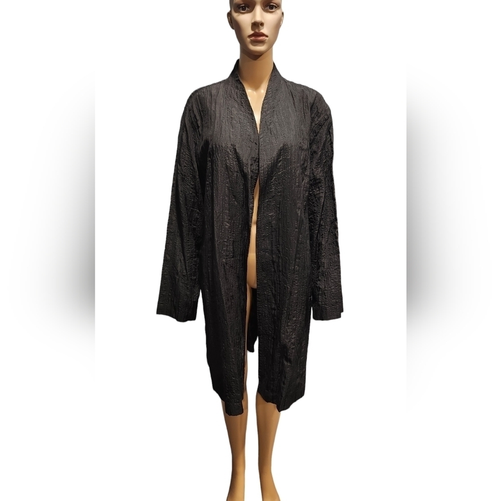 Eileen Fisher woman Womens black plus size Silk crinkle open front duster Sz XL